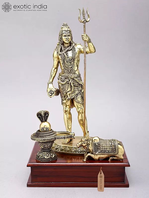 13" Superfine Standing Lord Shiva with Nandi and Shivalinga | Brass Statues on Wood Base