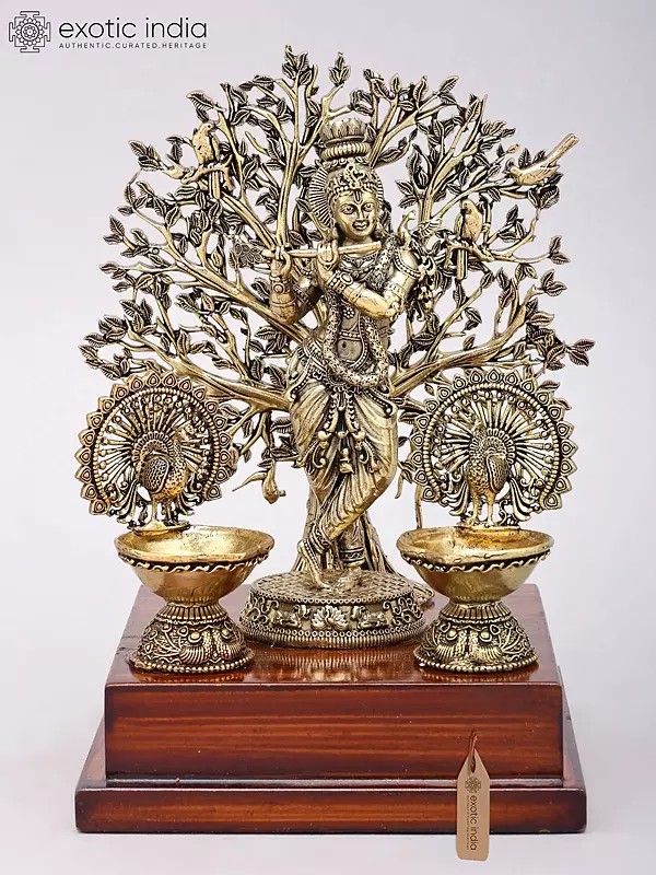 8" Superfine Fluting Lord Krishna with Beautiful Tree as Backdrop | Brass Statue on Wood Base