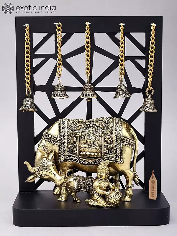 12" Superfine Makhanchor Krishna with Cow and Calf | Wood Framed Brass Statue