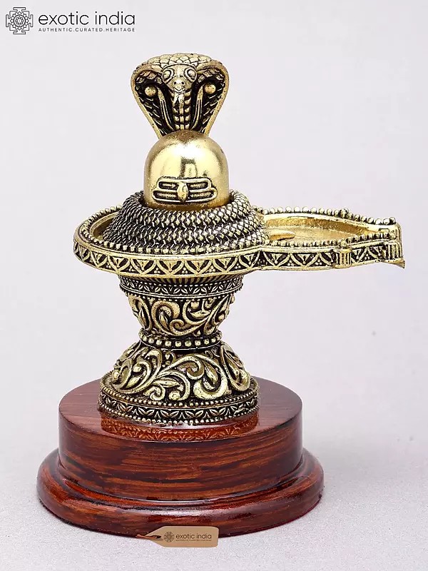 Shivalinga Representation in Brass with Naga on Wooden Stand
