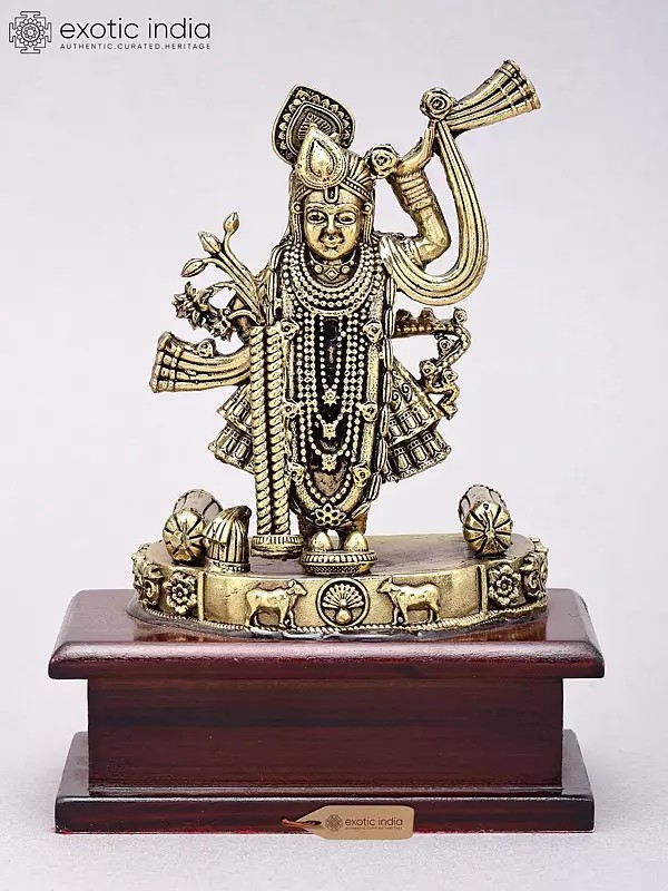 6" Shrinathji Idol: Superfine Brass Statue on Wood Base