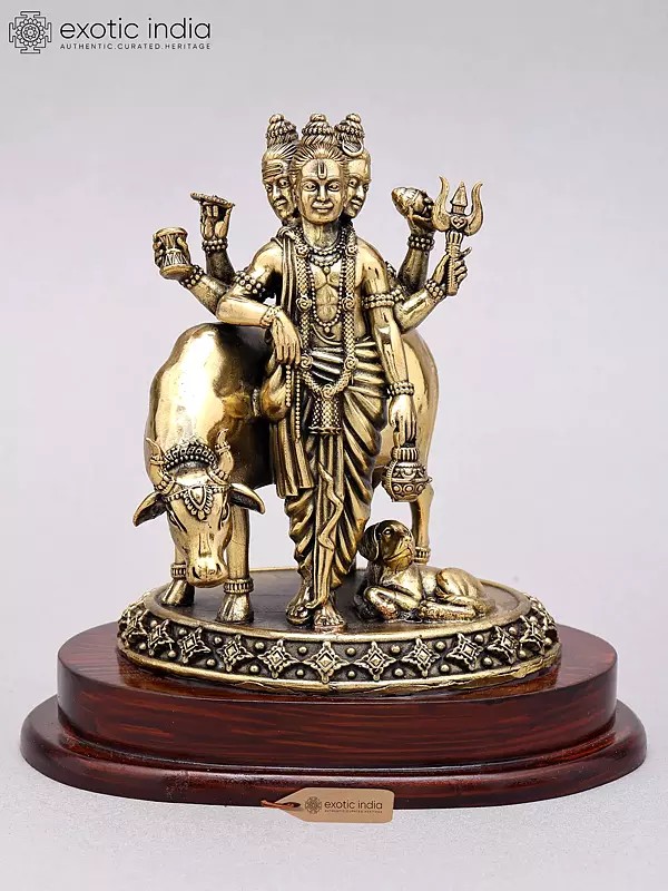 6" Brass Dattatreya Statue with Cow and Dog on Wood Base