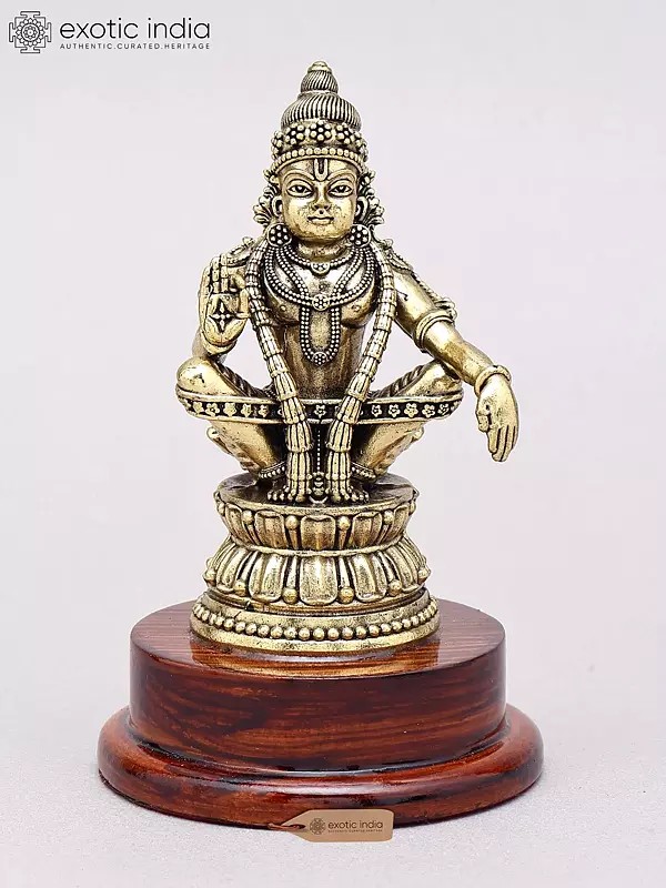 5 Inch Small Superfine Brass Lord Ayyappan Statue on Wood Base