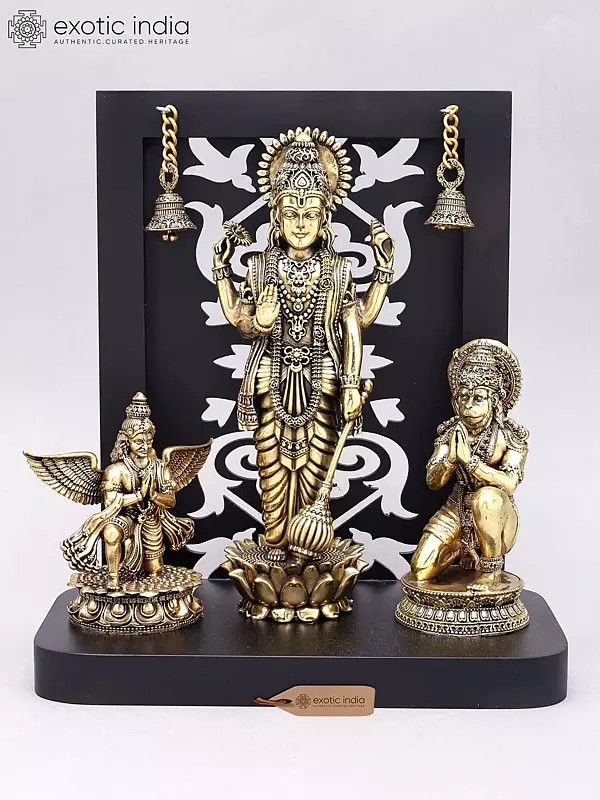Lord Vishnu with Garuda and Hanuman Brass Sculpture | 12" Wood Framed Deity