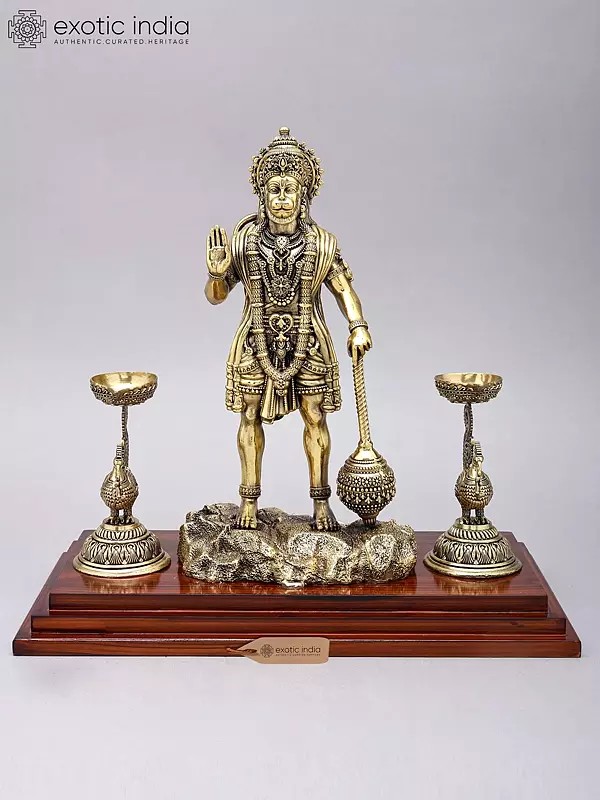 14" Superfine Standing Lord Hanuman in Blessing Gesture with Peacock Lamps | Brass Statue on Wood Base