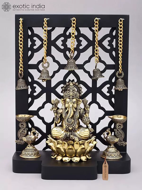 12" Jali Design Wood Framed Superfine Bhagawan Ganapati Statue in Brass with Peacock Lamps