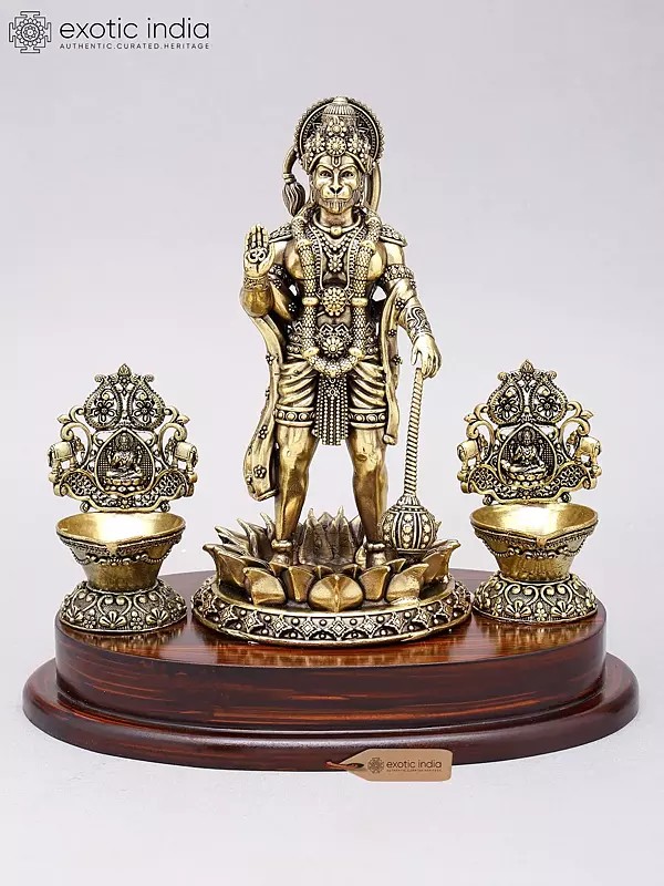 10" Superfine Standing Lord Hanuman in Blessing Gesture with Lamps | Brass Statue on Wood Base