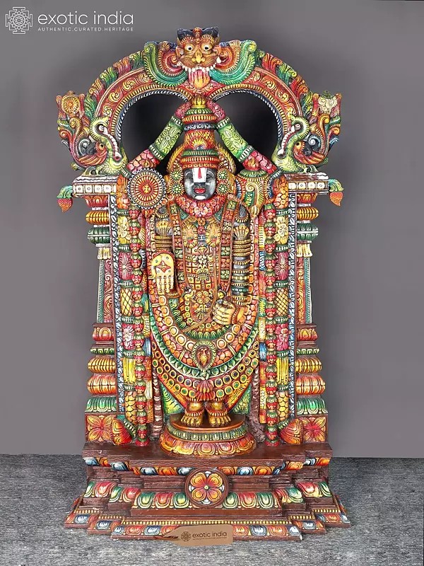 XL Wood Carving: Venkateshvara Deity with Kirtimukha Arch and Vibrant Colors