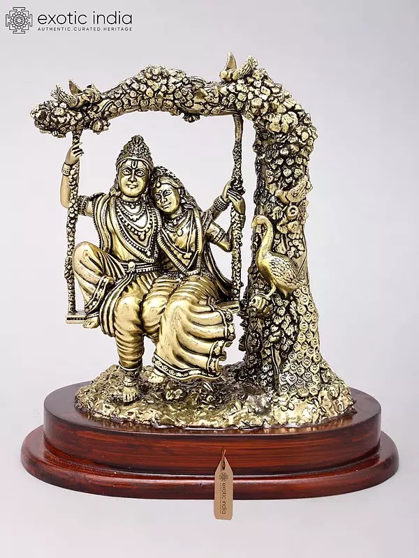 Radha Krishna Brass Statue on Swing | Divine Couple Sculpture with Wood Base