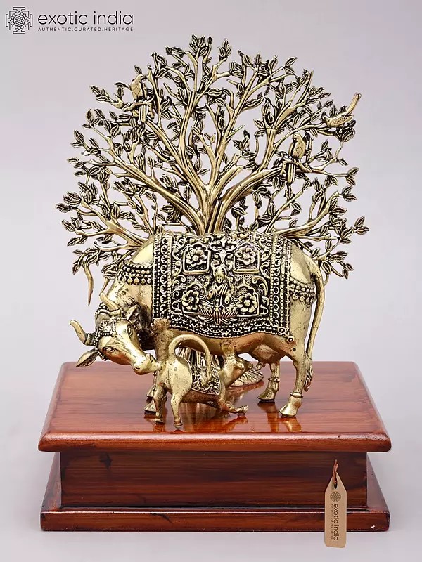 8" Superfine Cow and Calf with Tree as Backdrop | Brass Statue with Wood Base