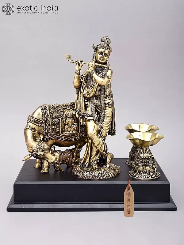 12" Superfine Fluting Krishna with Cow and Calf and Oil Lamps | Brass Statue on Wood Base