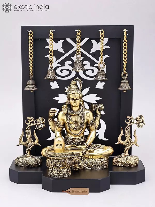 Meditating Lord Shiva Statue with Shivling and Trishul | Brass Hindu Decor