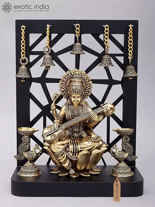 12" Superfine Goddess Saraswati with Peacock Lamps and Bells | Brass Statue with Designer Wood Frame