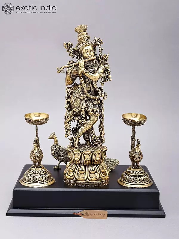 14" Lord Krishna Playing Flute with Peacock Lamps | Brass Statue on Wood Base