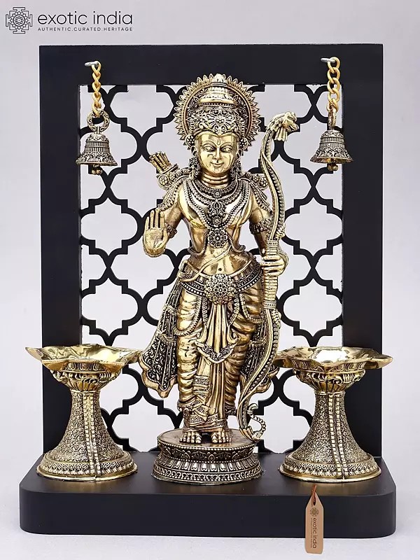 12" Designer Wood Framed Prabhu Shri Rama Statue in Brass with Lamps and Bells