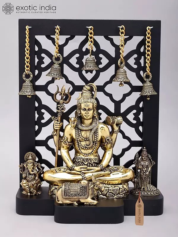 12" Superfine Lord Shiva with Sons Ganesha and Karttikeya | Brass Statues with Designer Wood Frame