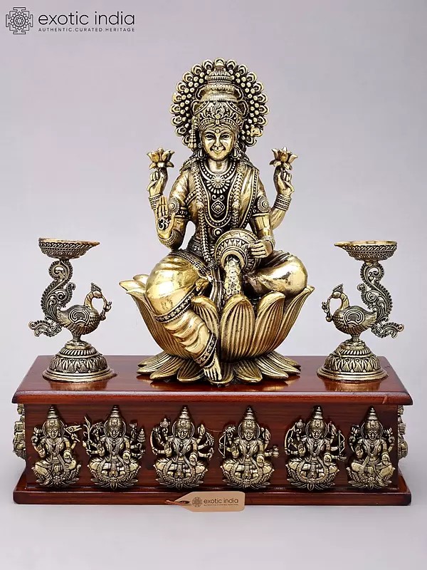 11" Superfine Ashtalakshmi Statues in Brass on Wood Base with Peacock Lamps