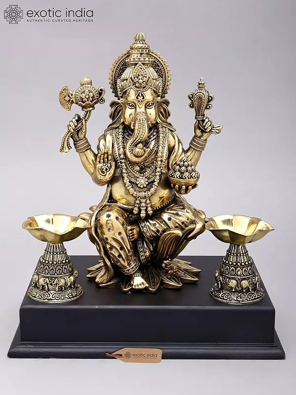 13" Superfine Blessing Ganesha Statue in Brass on Wood Base