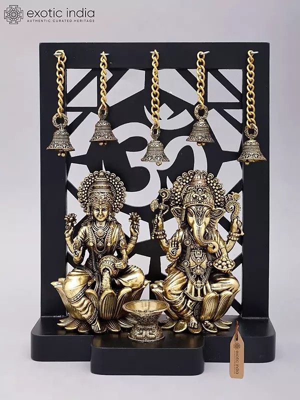 12" Superfine Sitting Lakshmi Ganesha | Wood Framed Brass Statues