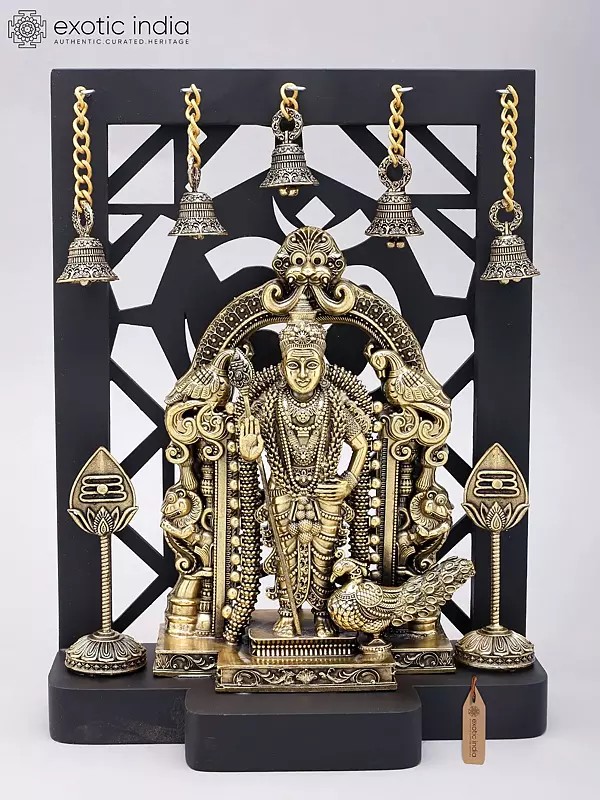 12" Superfine Brass Lord Karttikeya (Murugan) Standing on Kirtimukha Throne with Designer Wood Frame