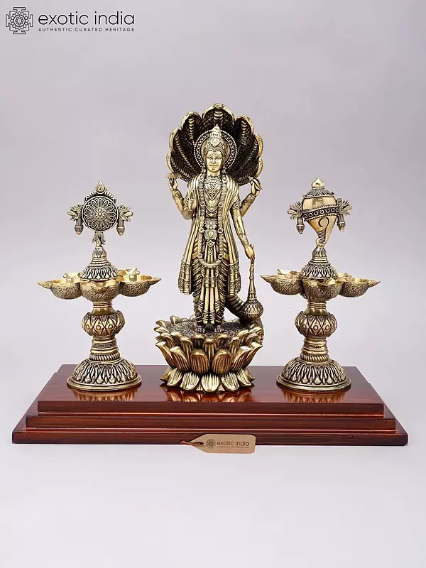 13" Superfine Standing Lord Vishnu on Lotus with Shankha Chakra Lamps | Brass Statue on Wood Base