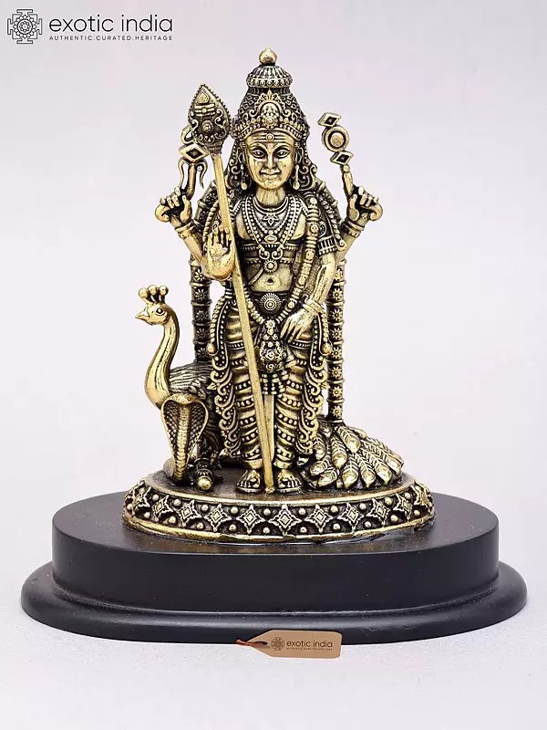 7" Superfine Lord Karttikeya (Murugan) Statue in Brass on Wood Base
