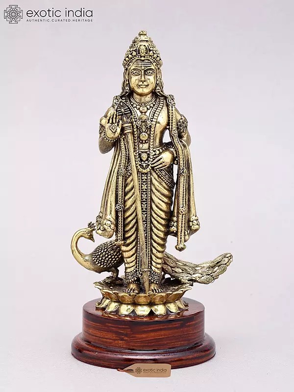 Superfine Brass Murugan (Karttikeya) Idol, 7" Tall with Peacock and Wood Base