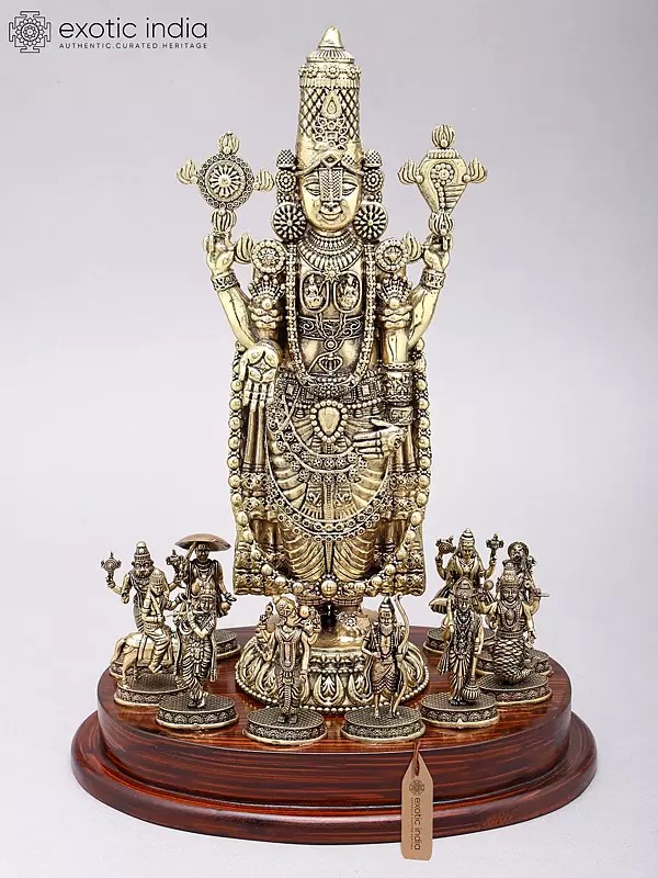 13" Superfine Tirupati Balaji (Venkateshvara) with All Dashavatara | Brass Statues on Wood Base
