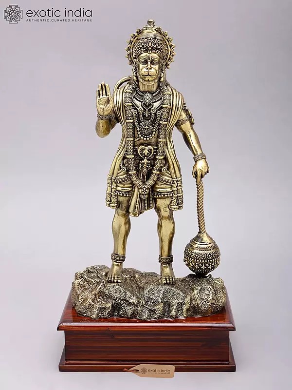 Standing Lord Hanuman Brass Statue in Blessing Gesture on Wood Base