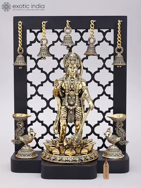 12" Superfine Standing Lord Hanuman in Blessing Gesture with Designer Wood Frame