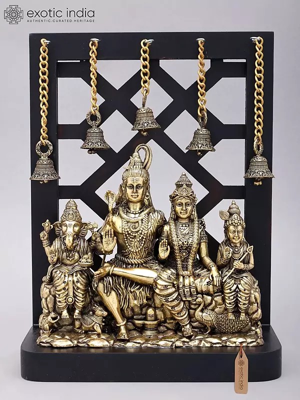 12" Superfine Shiva Family with Dangling Bells | Brass Statue with Wood Frame