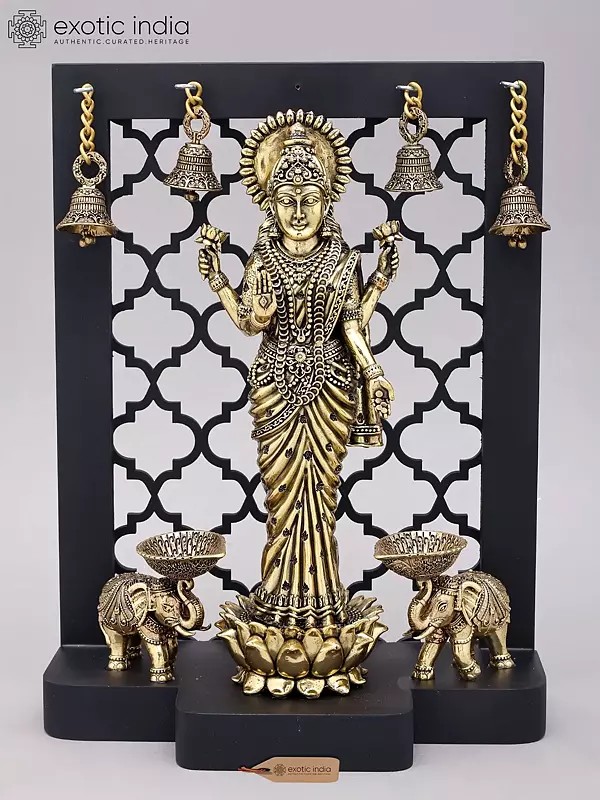 Brass Gaja Lakshmi Figurine with Decorative Wood Panel - 12" Height