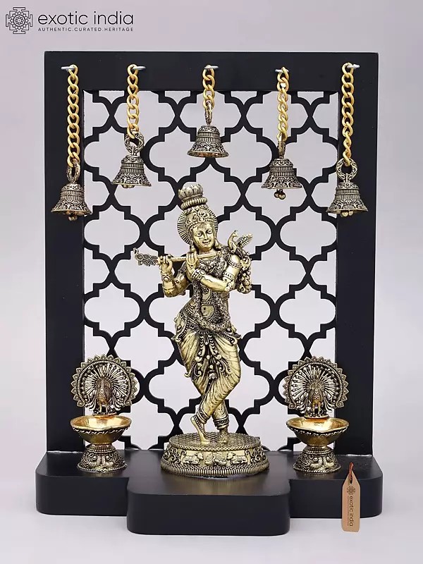 12" Brass Superfine Lord Krishna Playing Flute with Jali Design Wood Frame