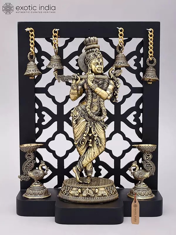 12" Superfine Fluting Lord Krishna Idol with Stylized Wood Frame