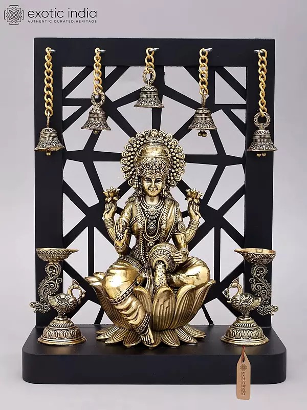 12" Superfine Goddess Lakshmi with Peacock Lamps and Bells | Brass Statue with Designer Wood Frame