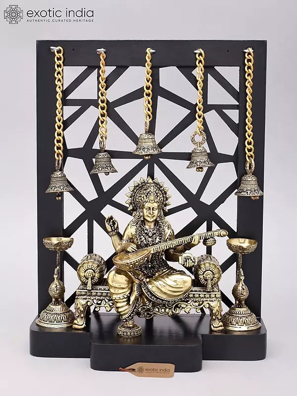 12" Designer Wood Framed Superfine Goddess Saraswati Statue with Bells and Lamps