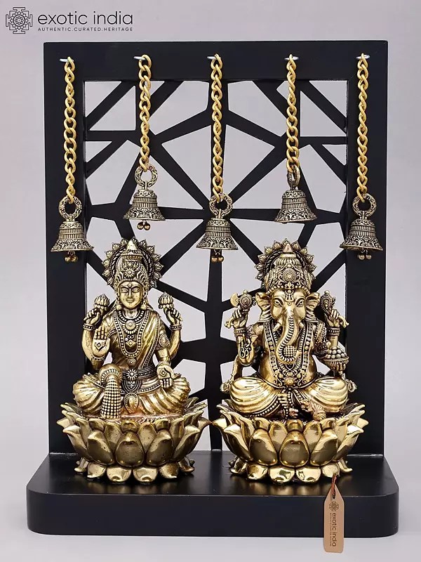 12" Superfine Lakshmi Ganesha Brass Idols on Designer Wood Frame
