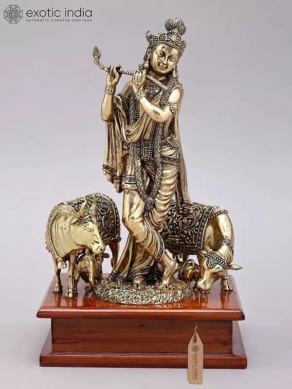 9" Superfine Fluting Lord Krishna with Cow and Calf | Brass Statue on Wood Base