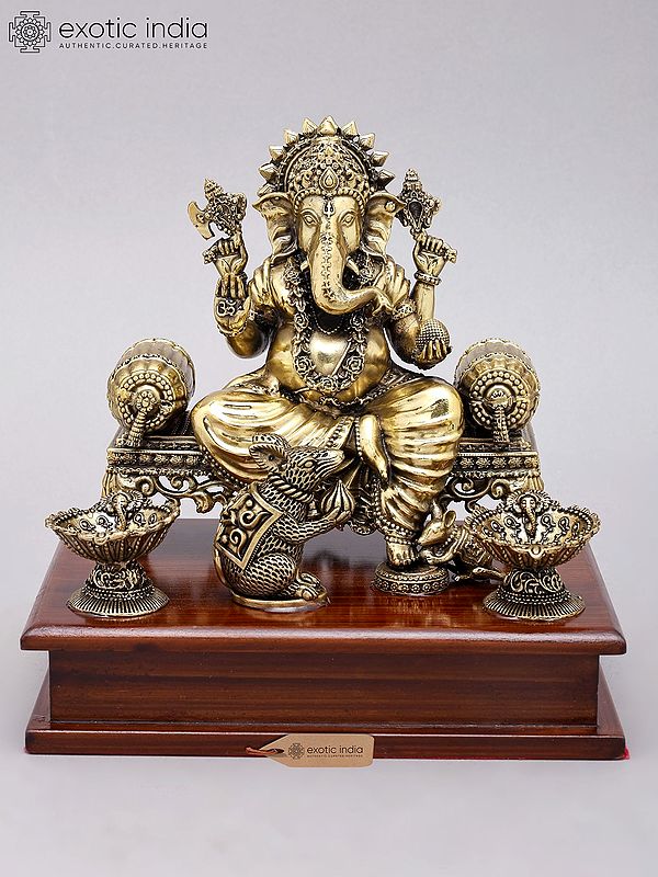 7" Superfine Bhagawan Ganapati Seated on Singhasana | Brass Statue on Wood Base
