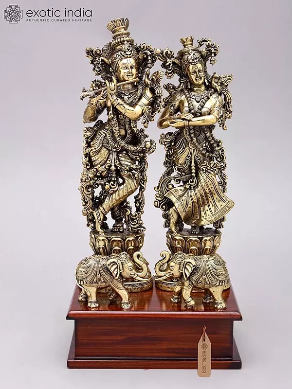 12" Superfine Standing Radha Krishna Brass Idols on Wood Base