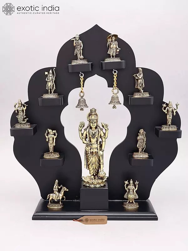 Lord Vishnu's Ten Avatars Display - 17" Superfine Brass Statues on Wood Frame
