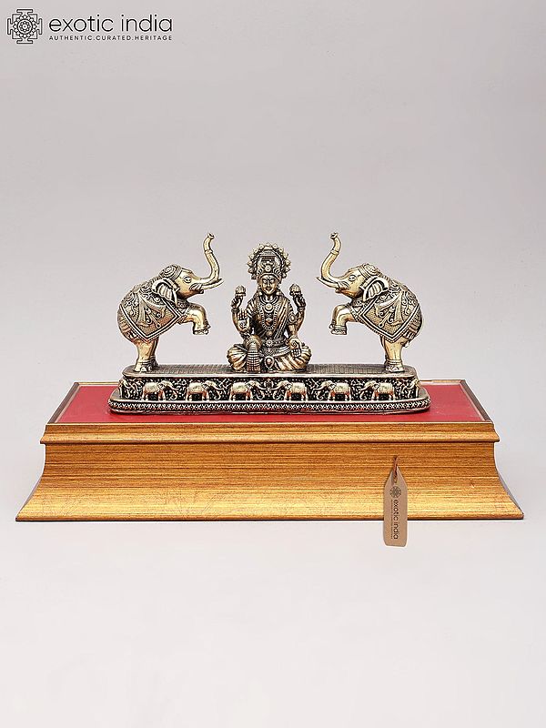Gajalakshmi Brass Statue with Elephants on Wooden Base