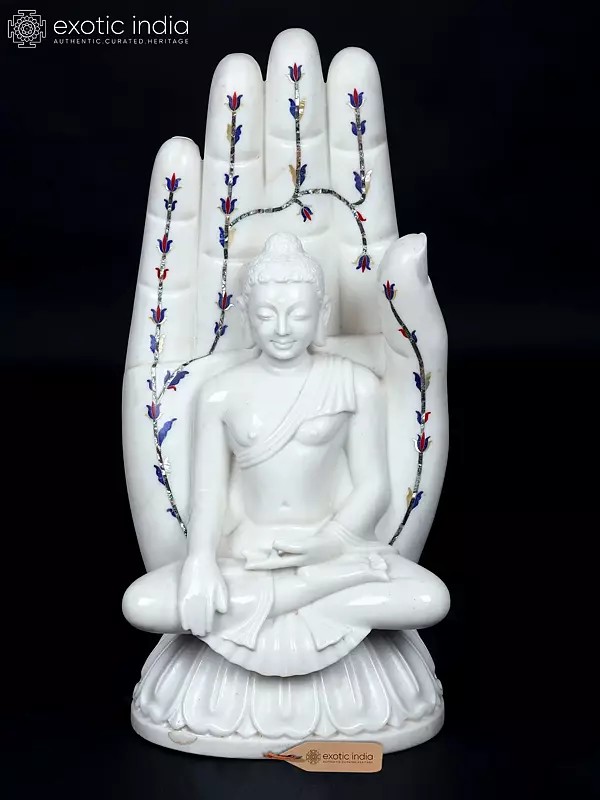 27" Bhumi-Sparsha Buddha on Hand | White Marble Statue