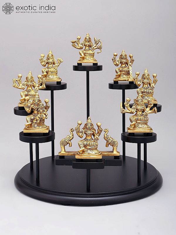 Brass Ashtalakshmi Set: 12 Inch with Designer Wooden Base