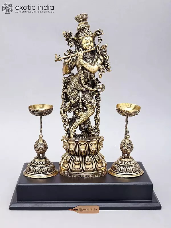 14" Superfine Bhagawan Krishna Playing Flute with Peacock Lamps | Brass Statue on Wood Base