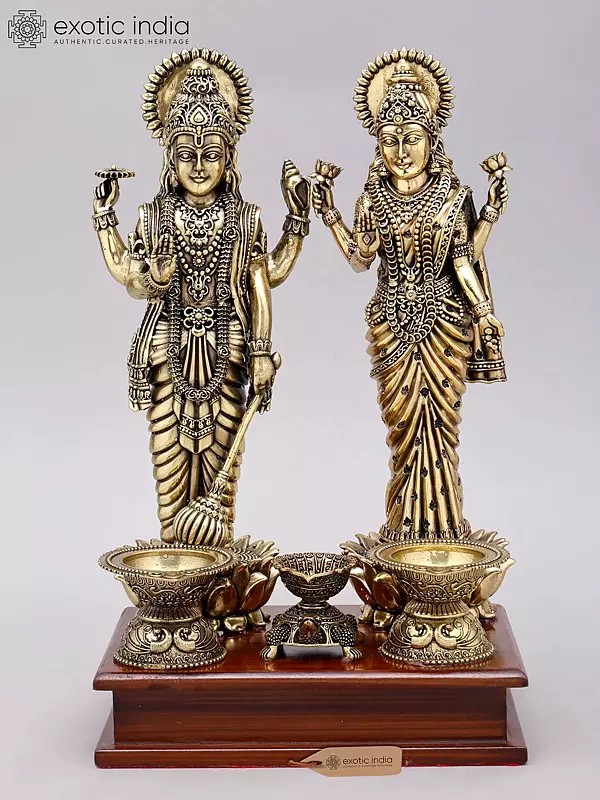 12" Superfine Standing Lakshmi Narayan (Vishnu Lakshmi) with Lamps | Brass Statue on Wood Base