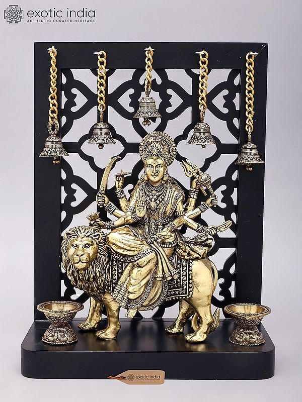 12" Superfine Goddess Durga (The Lion Goddess) | Brass Statue on Wood Base