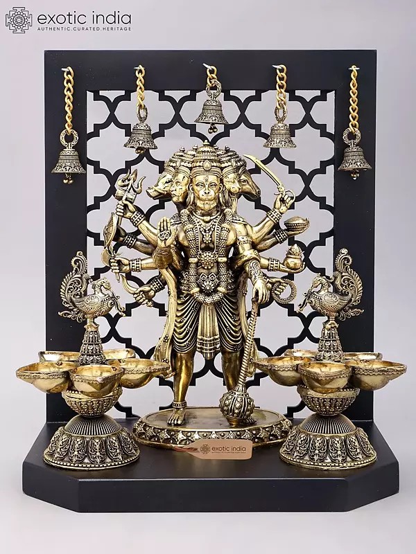 14" Superfine Panchamukhi Hanuman with Designer Peacock Lamps and Bells on Wood Frame