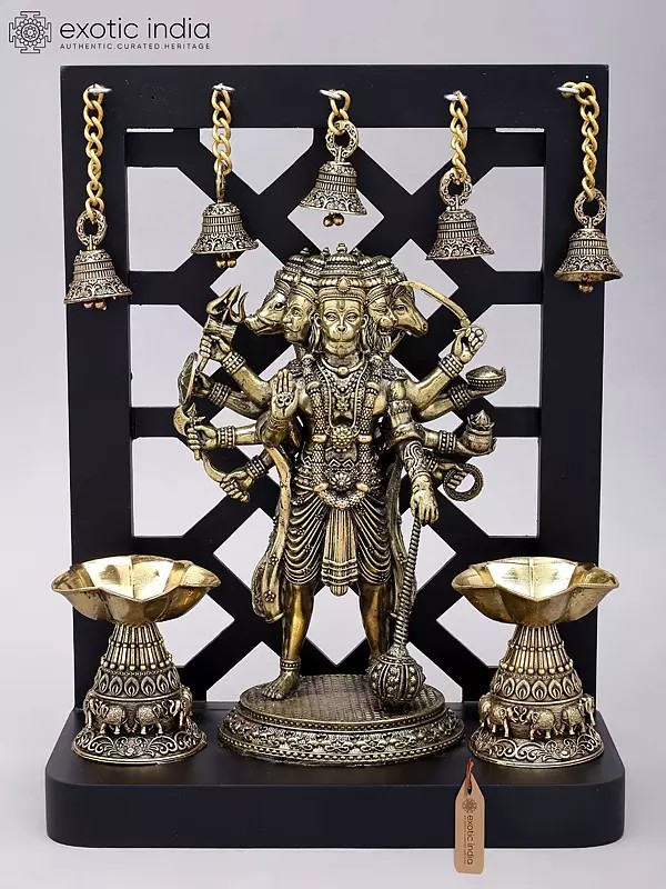Lord Hanuman Brass Statue: Five-Faced Deity with Lamps, Bells & Wood Frame