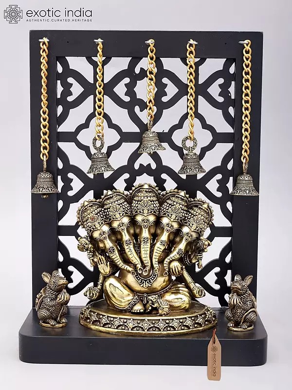 Five-Faced Ganesha Brass Statue with Decorative Wooden Frame
